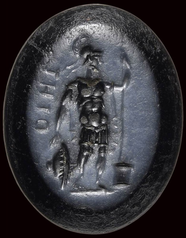 A fine roman nicolo intaglio. Standing Mars. 

2nd century A.D.

11 x 14 x 3...