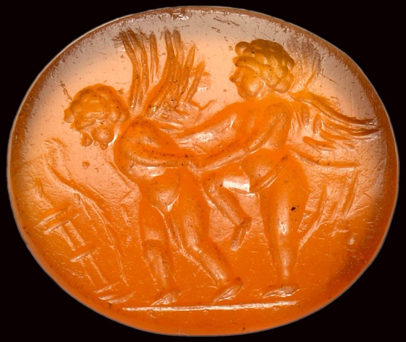 A roman carnelian intaglio. Eros and Anteros. 

1st century A.D.

10 x 12 x ...