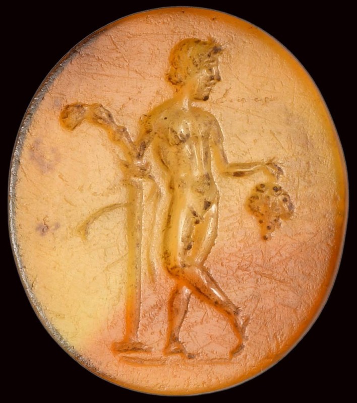 A fine roman carnelian intaglio. Satyr with attributes. 

1st century B.C. - 1...