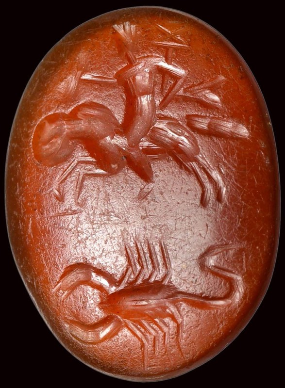 A roman carnelian intaglio. Mercury on the ram with a scorpion.

2nd - 3rd cen...
