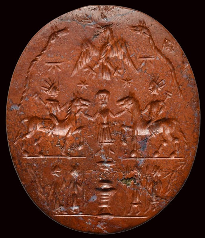 A large roman magical red jasper intaglio. Allegorical scene referring to the Da...