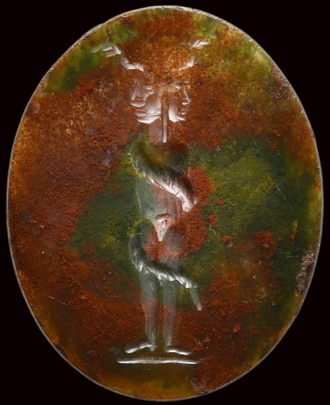 An unusual roman magical agate intaglio with red and green inclusions. Zodiacal ...