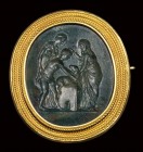 A rare green jasper renaissance intaglio mounted on a gold brooch. Scene of initiation for Lupercalia.