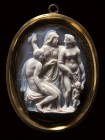 A gold pendant set with a large oval two-layers agate cameo set in a golden frame. The choice of Hercules between Virtue and Vice .