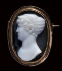 A late Georgian gold brooch set with an onyx cameo portrait by Berini. Bust of a noblewoman.