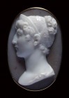 A neoclassical two-layers agate cameo mounted on a gold brooch, signed Berini. Bust of Caroline Murat.