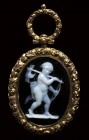 A fine neoclassical onyx cameo set in a chiseled gold pendant. Cupid hunter.