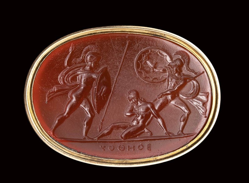 A fine neoclassic Poniatowski carnelian intaglio mounted on a gold ring. Achille...