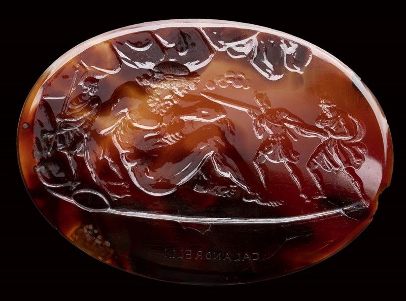 A very fine neoclassical agate intaglio signed Calandrelli. Ulysses and his comp...