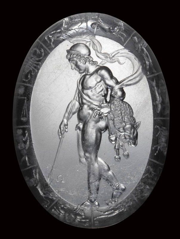 An extraordinary neoclassical rock crystal intaglio. Jason and zodiac signs.

...