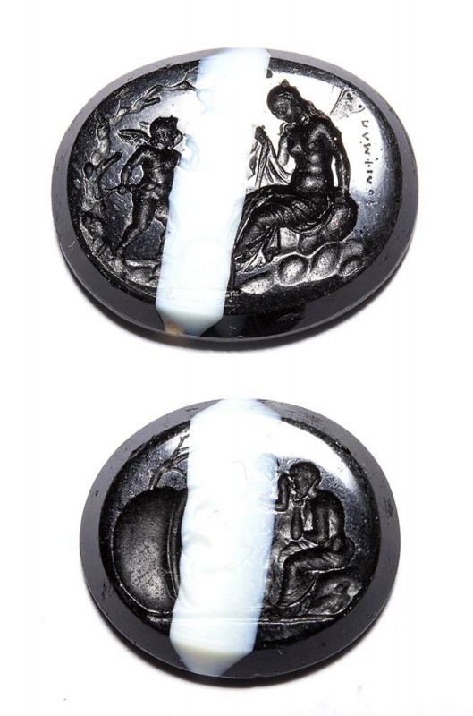 A lot of 2 neoclassical black and white glass impressions. Psyche with Eros - Di...