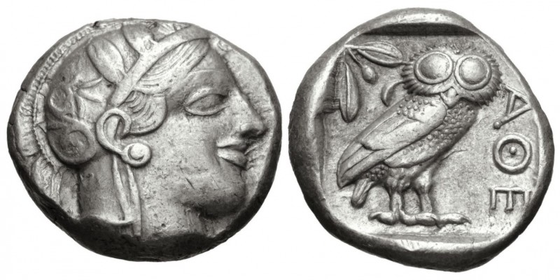 Attica, Athens, 454 - 404 BC
Silver Tetradrachm, 24mm, 17.20 grams
Obverse: He...