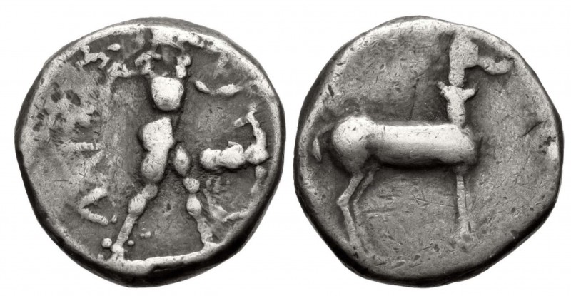 Bruttium, Kaulonia, 475 - 425 BC
Silver Stater, 19mm, 7.90 grams
Obverse: Apol...