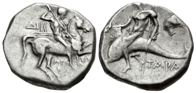 Calabria, Tarentum, 272 - 240 BC
Silver Stater, 18mm, 6.36 grams
Obverse: Warr...