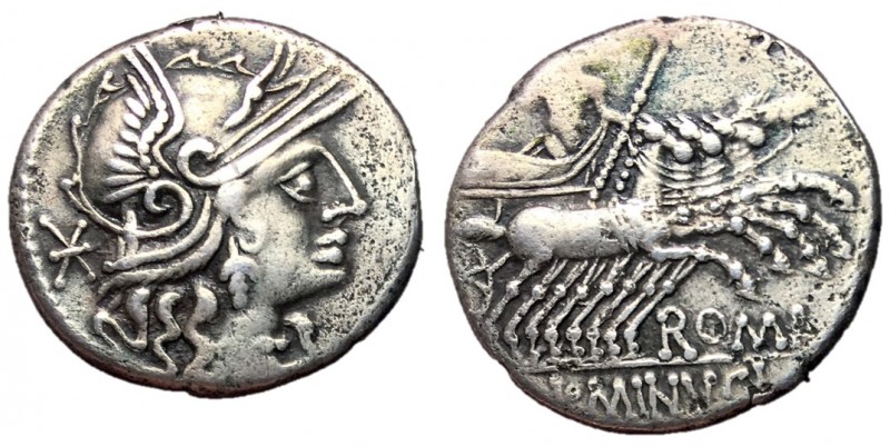 L. Minucius, 133 BC
Silver Denarius, Rome Mint, 20mm, 3.80 grams
Obverse: Helm...