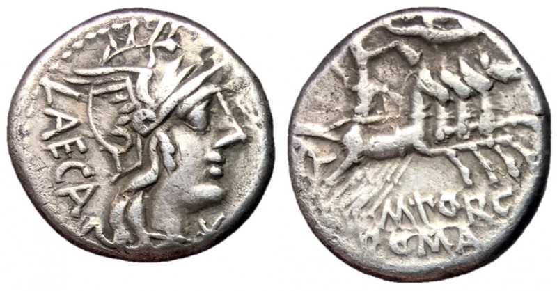 M. Porcius Laeca, 125 BC
Silver Denarius, Rome Mint, 18mm, 3.82 grams
Obverse:...