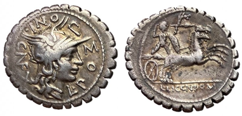 L. Pomponius Cn.f., 118 BC
Silver Denarius, Narbo Mint, L POMPONI CNF, Helmeted...