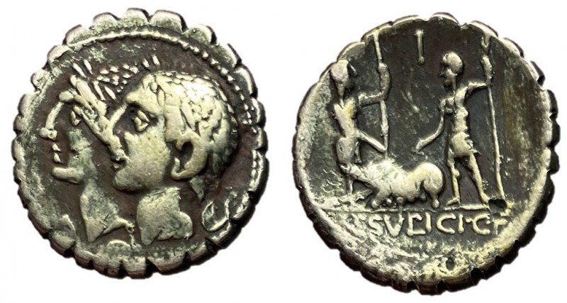 C. Sulpicius C.f. Galba, 106 BC
Silver Denarius, Rome Mint, 19mm, 3.63 grams
O...