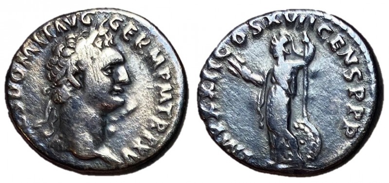 Domitian, 81 - 96 AD
Silver Denarius, Rome Mint, 18mm, 3.02 grams
Obverse: IMP...