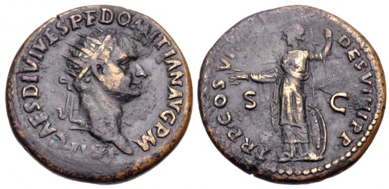 Domitian, 81 - 96 AD
AE Dupondius, Rome Mint, 28mm, 13.64 grams
Obverse: IMP C...