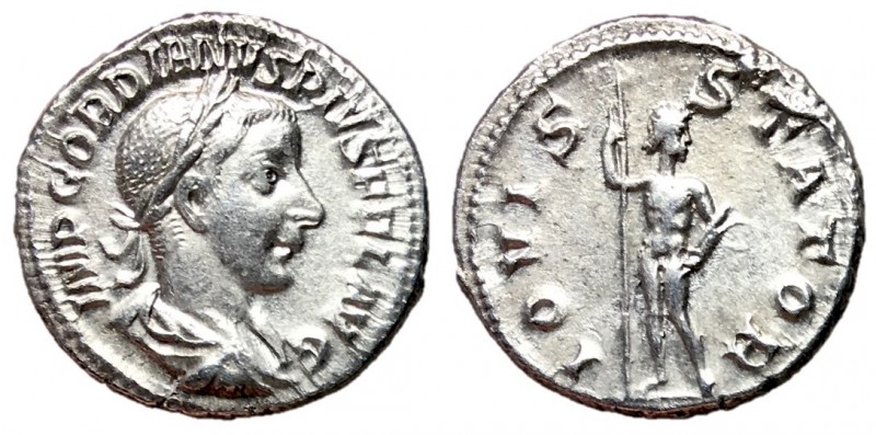 Gordian III, 238 - 244 AD
Silver Denarius, Rome Mint, 19mm, 3.20 grams
Obverse...