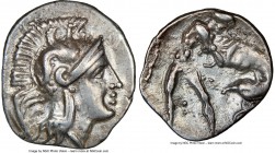 CALABRIA. Tarentum. Ca. 380-280 BC. AR diobol (13mm, 1.27 gm, 10h). NGC Choice XF 4/5 - 4/5. Head of Athena right, wearing crested Attic helmet decora...