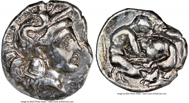 CALABRIA. Tarentum. Ca. 380-280 BC. AR diobol (12mm, 10h). NGC Choice VF. Head o...
