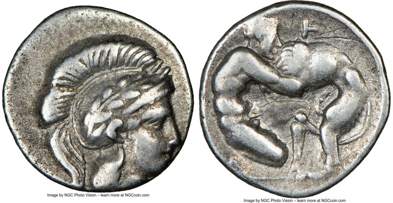 CALABRIA. Tarentum. Ca. 380-280 BC. AR diobol (12mm, 7h). NGC XF. Head of Athena...