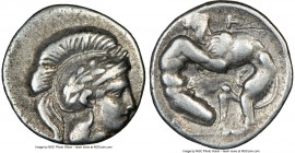 CALABRIA. Tarentum. Ca. 380-280 BC. AR diobol (12mm, 7h). NGC XF. Head of Athena right, wearing laureate crested Attic helmet / Hercules kneeling righ...
