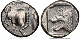 MYSIA. Cyzicus. Ca. 5th century BC. AR diobol(?) (10mm). NGC Choice XF. Forepart of boar running left, pelleted truncation; H on shoulder, tunny upwar...