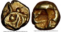 IONIA. Uncertain mint. Ca. 600-550 BC. EL 1/48 stater or tetartemorion (5mm, 0.30 gm). NGC AU. Head of horned bull left / Quadripartite incuse square ...