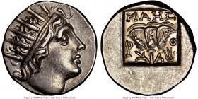 CARIAN ISLANDS. Rhodes. Ca. 88-84 BC. AR drachm (14mm, 11h). NGC Choice AU. Plinthophoric standard, Maes, magistrate. Radiate head of Helios right / M...