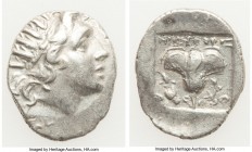 CARIAN ISLANDS. Rhodes. Ca. 88-84 BC. AR drachm (16mm, 2.49 gm, 12h). Choice VF. Plinthophoric standard, Nicephorus, magistrate. Radiate head of Helio...