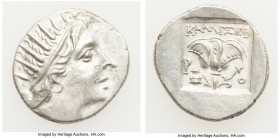 CARIAN ISLANDS. Rhodes. Ca. 88-84 BC. AR drachm (15mm, 2.23 gm, 12h). AU. Plinthophoric standard, Callixei(nos), magistrate. Radiate head of Helios ri...
