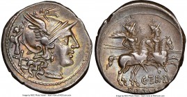 C. Terentius Lucanus (147 BC). AR denarius (19mm, 7h). NGC XF. Rome. Helmeted head of Roma right; behind, Victory above X (mark of value) / The Dioscu...
