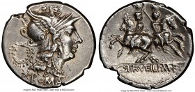 C. Servilius M.f. (ca. 136 BC). AR denarius (21mm, 5h). NGC Choice XF. Rome. ROMA, head of Roma right, wearing winged helmet decorated with griffin cr...