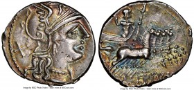 L. Trebanius (135 BC). AR denarius (19mm, 1h). NGC AU. Rome. Head of Roma right, wearing winged helmet decorated with griffin crest, X (mark of value)...