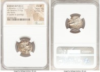 L. Minucius (ca. 133 BC). AR denarius (20mm, 3.92 gm, 5h). NGC Choice XF 4/5 - 5/5. Rome. Head of Roma right, wearing pendant earring and winged helme...