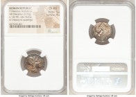P. Maenius Antiaticus (ca. 132 BC). AR denarius (19mm, 3.93 gm, 4h). NGC Choice AU 5/5 - 4/5. Rome. Head of Roma right, wearing winged helmet surmount...