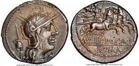 L. Postumius Albinus (ca. 131 BC). AR denarius (20mm, 6h). NGC XF. Rome. Head of Roma right, wearing winged helmet with griffin crest; XVI monogram (m...