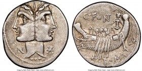 C. Fonteius (ca. 114/3 BC). AR denarius (20mm, 7h). NGC XF S. Rome. Laureate, Janiform heads of the Dioscuri; N to left, mark of value to right; ••• b...