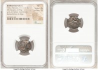 Titus Manlius Mancius, Appius Claudius Pulcher, and Q. Urbinius, moneyers (111-110 BC). AR denarius (17mm, 3.93 gm, 7h). NGC XF 4/5 - 5/5. Rome. Head ...