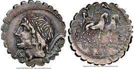 L. Memmius Galeria (ca. 106 BC). AR denarius serratus (18mm, 5h). NGC XF. Rome. ROMA, laureate head of Saturn left; •S below chin, harpa behind / L•ME...