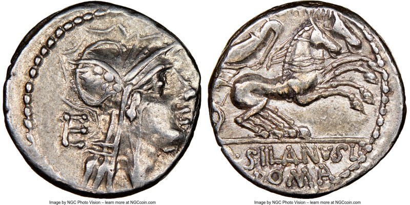 D. Silanus L.f. (ca. 91 BC). AR denarius (17mm, 6h). NGC XF. Rome. Head of Roma ...