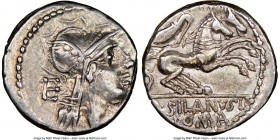 D. Silanus L.f. (ca. 91 BC). AR denarius (17mm, 6h). NGC XF. Rome. Head of Roma right, wearing winged helmet decorated with griffin crest; E behind / ...