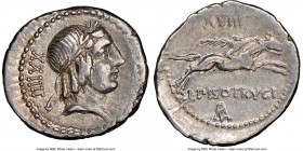 L. Calpurnius Piso Frugi (90 BC). AR denarius (19mm, 8h). NGC Choice VF. Rome. Laureate head of Apollo right; XXIIII behind / L PISO FRVGI, horseman r...