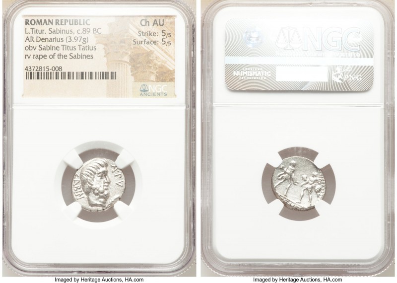 L. Titurius L.f. Sabinus (89 BC). AR denarius (17mm, 3.97 gm, 1h). NGC Choice AU...