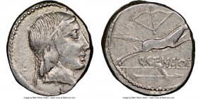 C. Censorinus (ca. 88 BC). AR denarius (18mm, 7h). NGC VF. Rome mint. Laureate head of Apollo right / C CENSOR, horse galloping right; bow and arrow a...