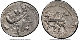 P. Furius Crassipes (84 BC). AR denarius (20mm, 5h). NGC Choice XF. Rome. AED CVR, turreted head of Cybele right; deformed foot upwards behind / Curul...