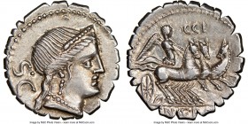 C. Naevius Balbus (79 BC). AR serratus denarius (18mm, 6h). NGC AU. Rome. Head of Venus right, wearing stephane, necklace and earring; S•C behind / C•...